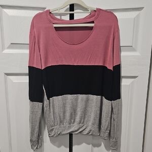 Colorblock Long Sleeve Top - Pink, Black, Gray